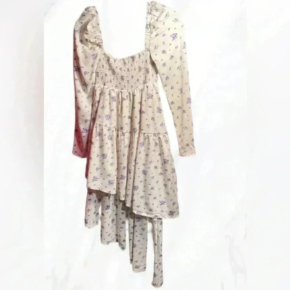 NNT We wore what puff sleeve asymmetrical tiered cream purple floral dress 6 - Picture 3 of 6
